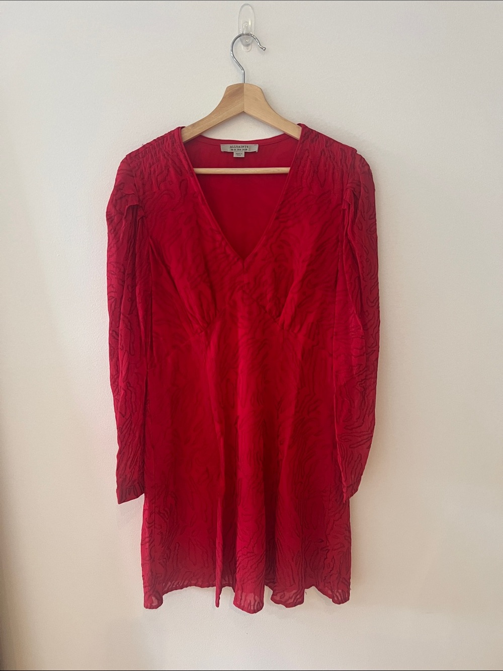 All Saints Red V-Neck Long Sleeve Dress